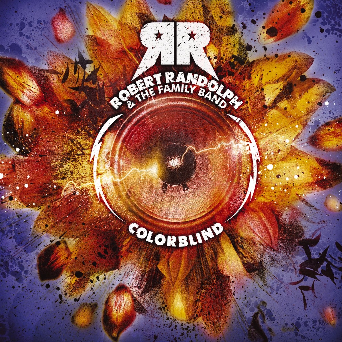 Album Art of Robert Randolph And The Family Band's Colorblind album - On a blue-ish purple background, a large circle of leaves are visible around a circular center, maybe to look like a large flower of golden leaves with a bright light behind them. The middle of the flower has been digitally altered to look like the cone of a speaker though it is still the same golden colors as the flower. There's also stray leaves and debris around the flower, like this is all an explosion. Printed around the speaker cone on the left and right are white lightning bolts, and a line of electricity goes between them into the speaker. Printed above the speaker is a large double-R logo and the band's name in white text, with the album title below the speaker.