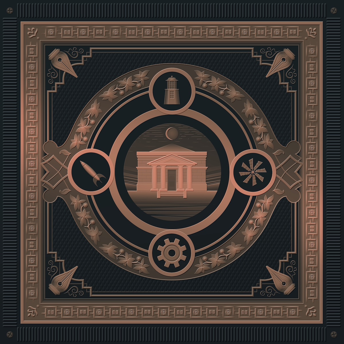 Album Art of Robyn Miller's Myst Soundtrack album - On the outside, a series of a few frames, first one dark green and the next one looks like a copper color with lines and squares. Inside of that, in each of the four corners, there's a metal tip of a fountain pen with some flourishes around them, and inside that a copper-colored circle. In the middle is a copper and black/green design of a library building with columns around the front door and a sliver of a moon above the building. Above the main circle is a circle with a lighthouse, to the right a wooden windmill, below it a gear, and on the left a rocket.