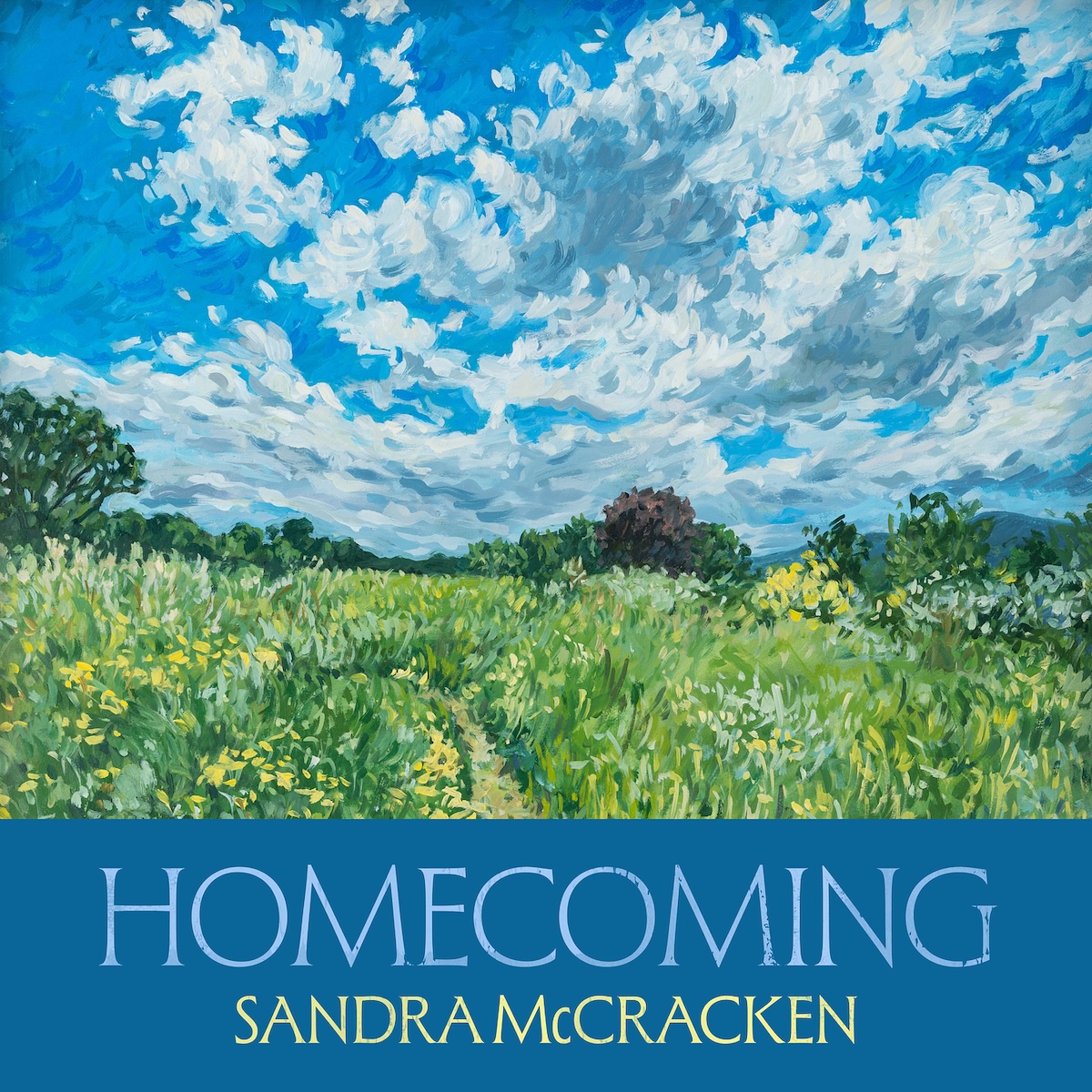 Album Art of Sandra McCracken's Homecoming EP - An impressionist-style painting of a green field full of flowers with a partly cloudy sky above it is the three quarters of the area. The field has long grasses and flowers, plus some trees on the edges of the field and a hill far off in the background. The brushstrokes are visible and the colors vibrant. At the bottom, there's a deep blue solid color, and printed on that in large letters is the EP's title in light blue, with the artist's name in a smaller font in light yellow.