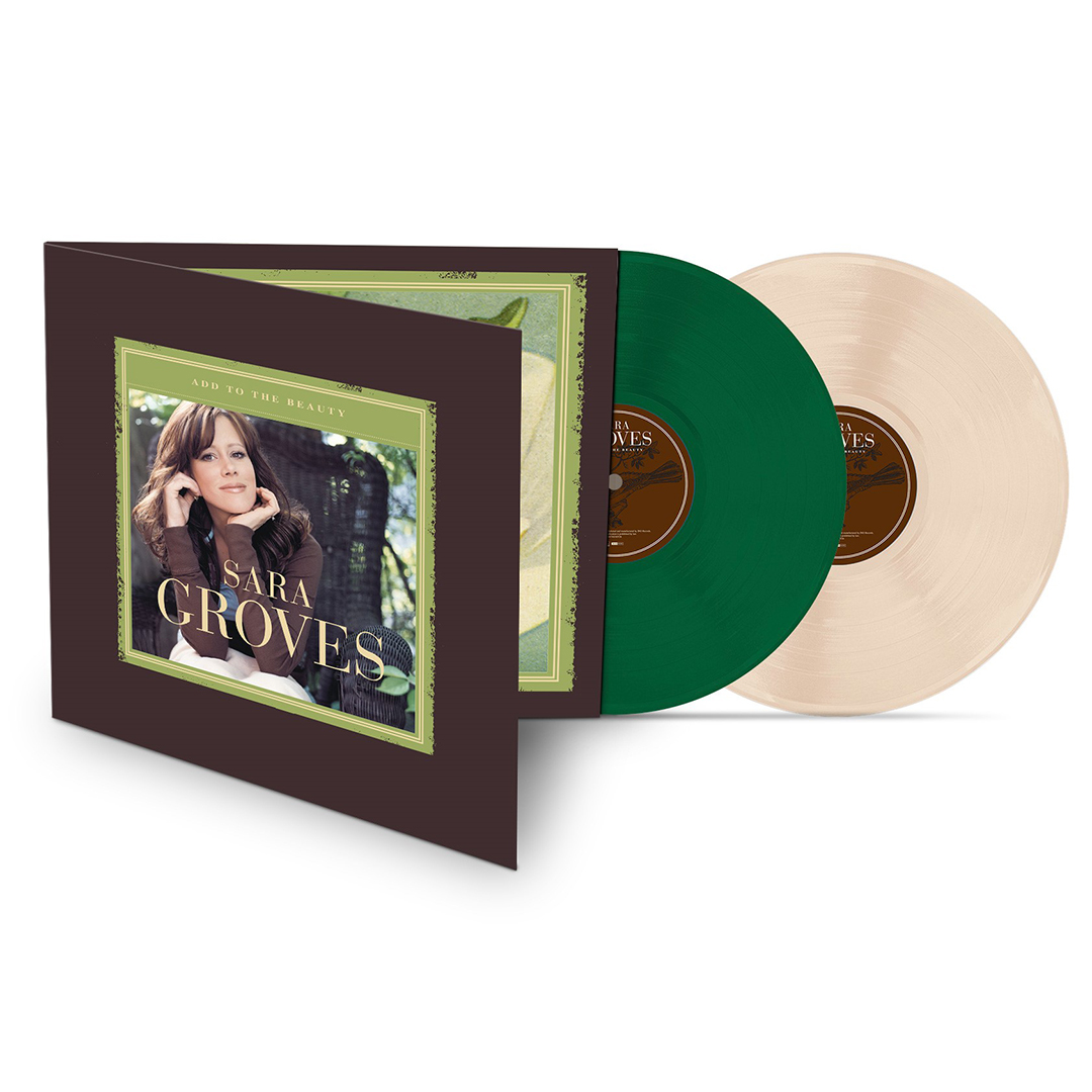 A mock-up of the Add To The Beauty Double Vinyl - a green vinyl and a cream colored vinyl with brown labels, and a gatefold package with the album cover artwork and other artwork inside.