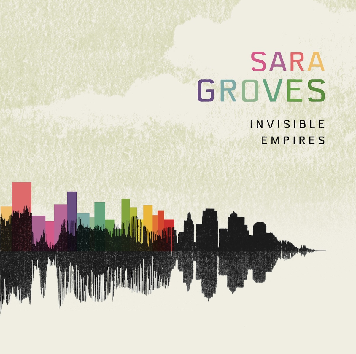 Album Art of Sara Groves's Invisible Empires album - On a light green background, a few white clouds are faintly visible. Below the middle on the left, there's a number of rainbow-colored boxes that look like skyscrapers, and to the right of it that is black silhouettes of actual buildings that are less square. Those buildings and boxes are melded with a waveform design, the visual style of an audio recording, which also in this case kinda mimics the skyline and is reflected below along with the buildings. In the clouds in the top right, in rainbow colors is printed the artist's name in large text, and then in smaller black text below it has the album title.