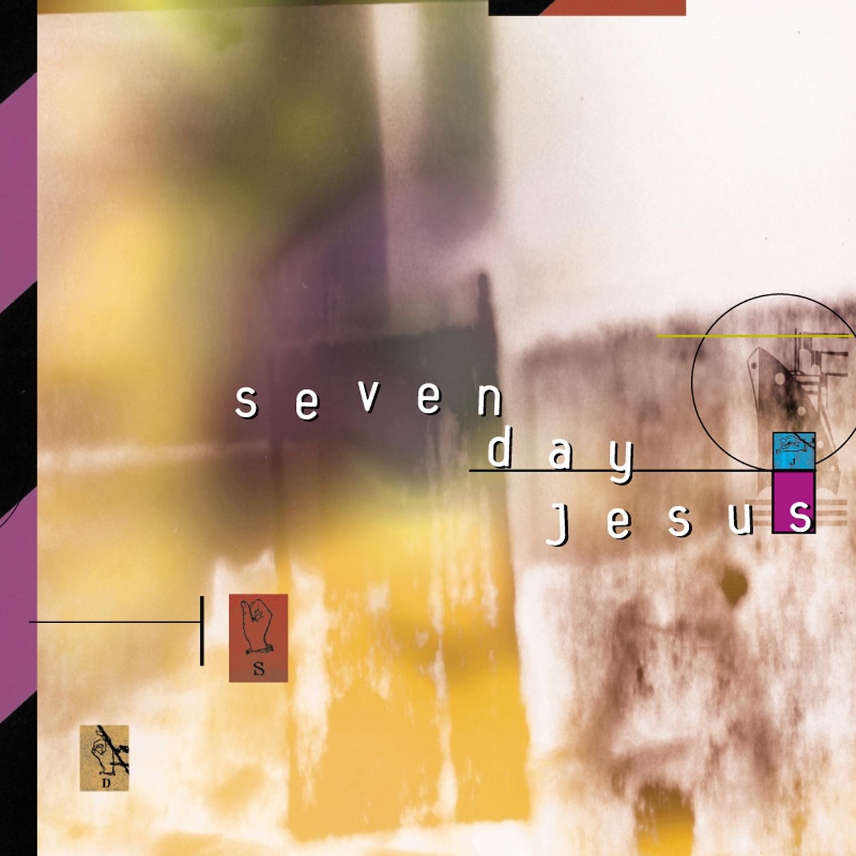 Album Art of Seven Day Jesus's self-titled album - A very abstract cover of mostly just a blend of textures, mostly yelllows, browns and whites. There are small pictures of the letters 'S', 'D' and 'J