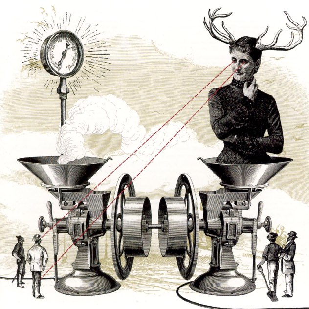 Album Art of Showbread's No Sir, Nihilism Is Not Practical album - On both sides of the bottom, a pair of old-timey men are looking at a large machine. The machine has some sort of pressure gauge and smoke billowing out of it on the left side, and a large man with antlers coming out of the top of the right. The large man's eyes have dashed red lines pointing at the duo of men in the bottom left. The background seems to be waves of sand dunes or something.