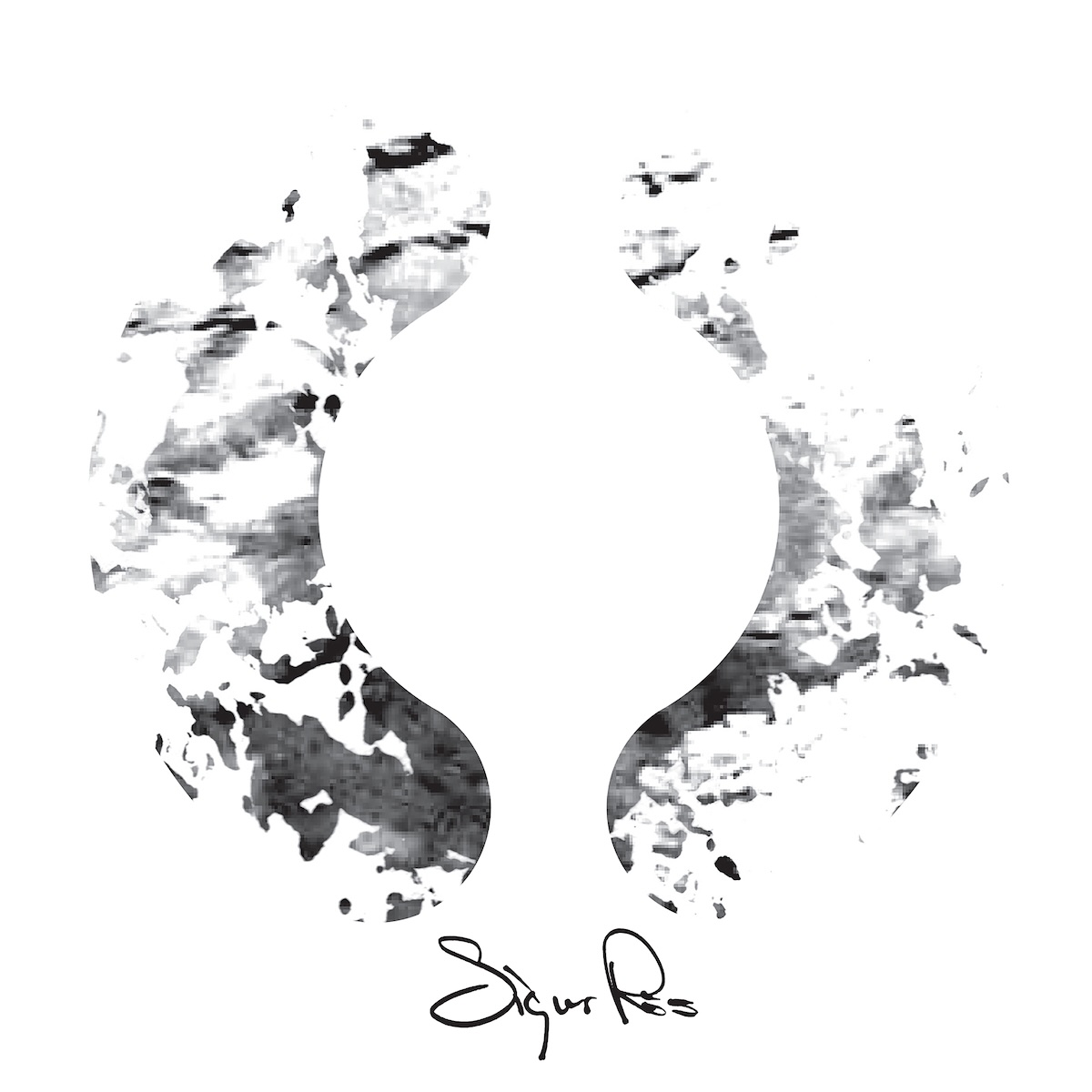 Album Art of Sigur Ros's ( ) album - On a white background, two large, rounded parentheses '( )' are taking up most of the space, and inside of these letters is some black-and-white art, though it's hard to determine exactly what is pictured. It is likely just some sort of natural textures taken from photographs layered on top of each other. Then printed in black at the bottom center is the band's name in a handwritten script.