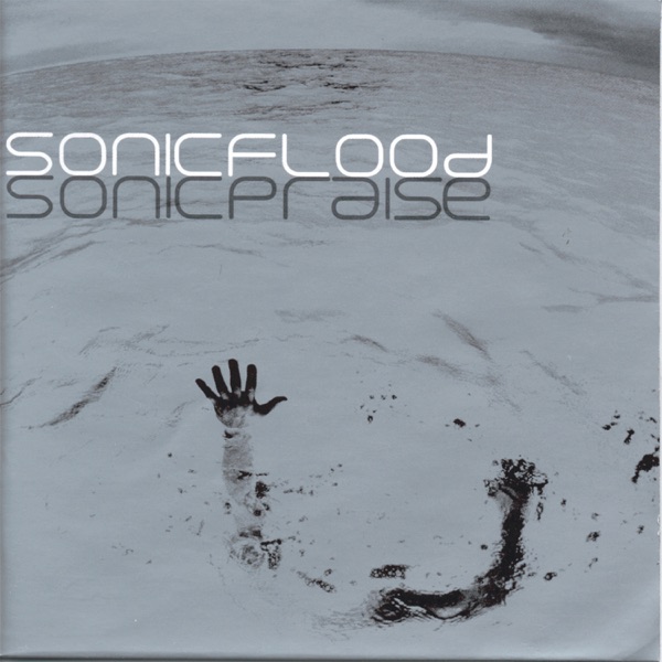 Album Art of Sonicflood's Sonicpraise album - An color-inverted, black-and-white photo of a man swimming out in the middle of a very large body of water. The image is just a bit above his head, which is hard to see as it is under the water, but his arms and hands can be seen out of the water, maybe at the moment before drowning. Because it's inverted color-wise, the body is black and the water is grey, and the image is a fish-eye lens, so on the edge of the horizon the water gets a bit darker. Printed above the photo is the band's name in white, and below that in a dark grey is the album name, both with all latters in all-caps except the last letter.
