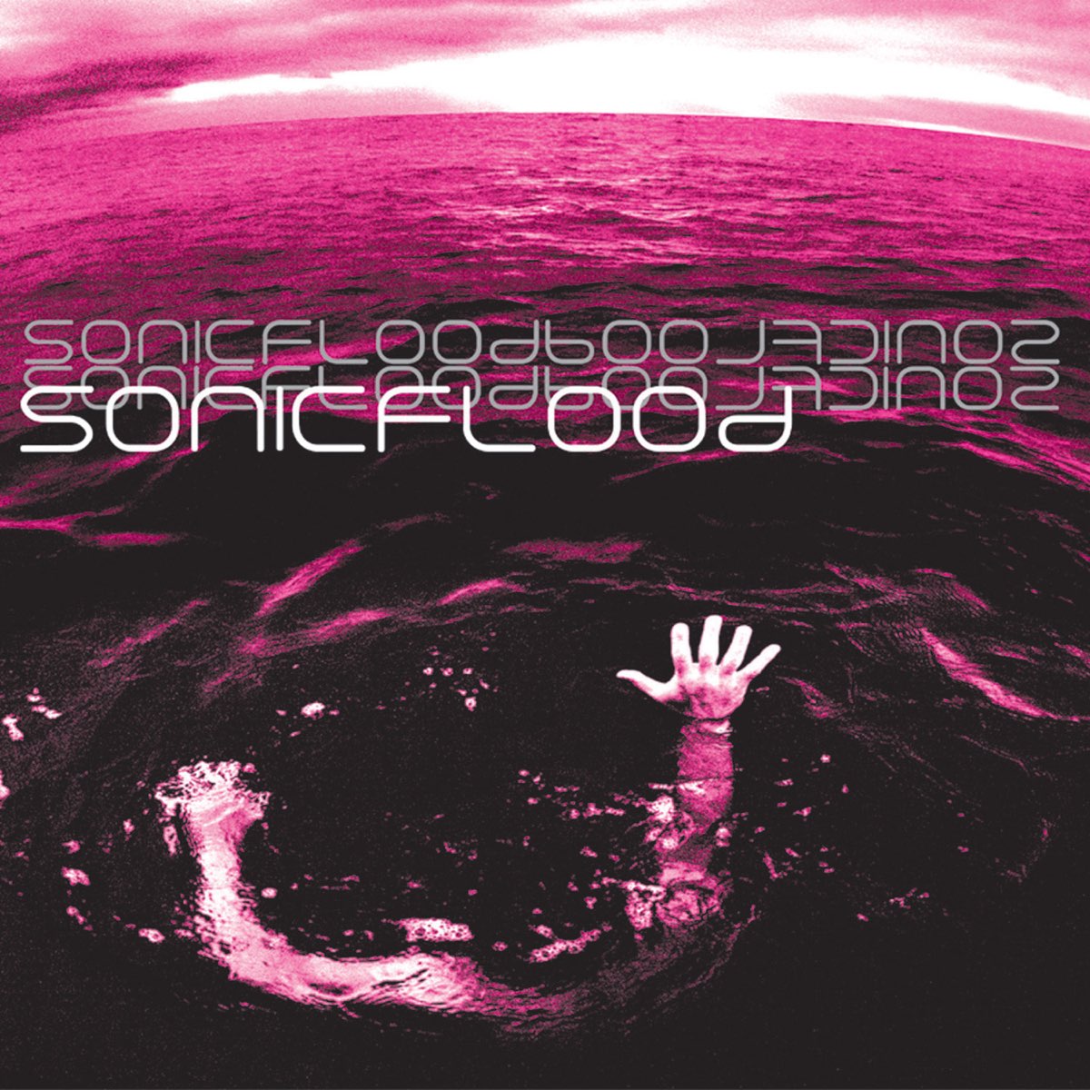 Album Art of Sonicflood's self-titled album - A photo of a man swimming in the ocean, where no shore or other things can be seen except the sky. The man is facing away from the camera and their head is below the water. The photo is black, white and various shades of neon pink. Above the vast ocean is printed the band's name, once in white and a few more times in smaller gray print, first forwards then backwards, mirrored.