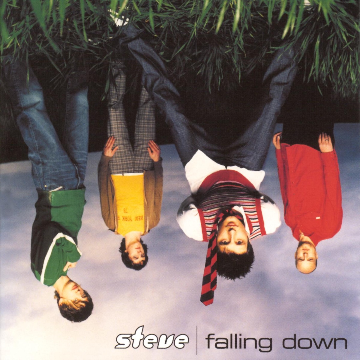 Album Art of Steve's Falling Down album - A photo of four white, young men that is upside down. The grass is on top, and the sky on the bottom. The camera is pretty close to the grass, and the band is looking towards the camera. The man in the middle is leaning down towards the camera, and his necktie is hanging from his neck over his left ear to make you wonder which way is up or down. At the bottom, it has the band name in a white, bubbly font with a black border. Then to the right of that it has album title in slightly smaller, black text.