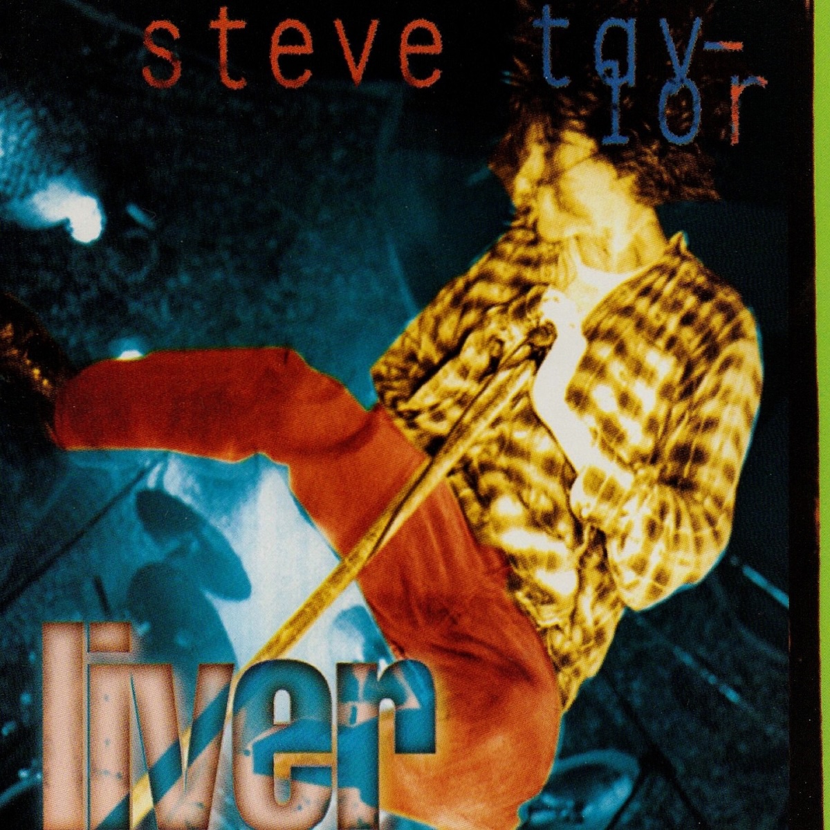 Album Art of Steve Taylor's Liver album - A man wearing some baggy pants is jumping around above the camera's frame and wearing a flannel shirt over a T-shirt. It looks like he might have a few inch long, curly hair. The picture seems to be maybe black-and-white but colored, as the background which is mostly dark is colored blue, while the mic stand and his shirt and face is colored golden yellow, and his pants a dark red. In the top right it has the artist's name in large, thin letters in red and dark blue, And in the bottom left in larger, blocky letters it has the album title.