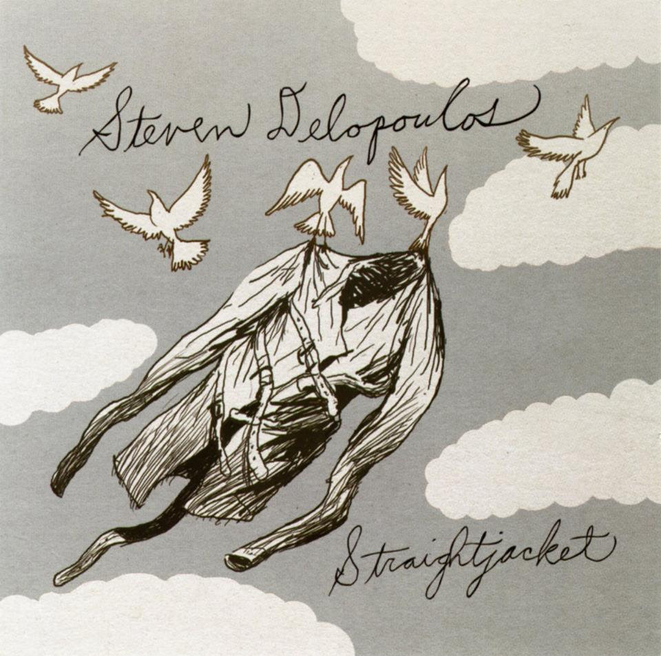Album Art of Steven Delopoulos's Straightjacket album - A drawing of a gray sky with white clouds. In the middle, two white birds are carrying a white straightjacket by the collar up into the sky, and a few other birds are flying nearby. Written by hand above is the artist's name and below in the sky is the album title.