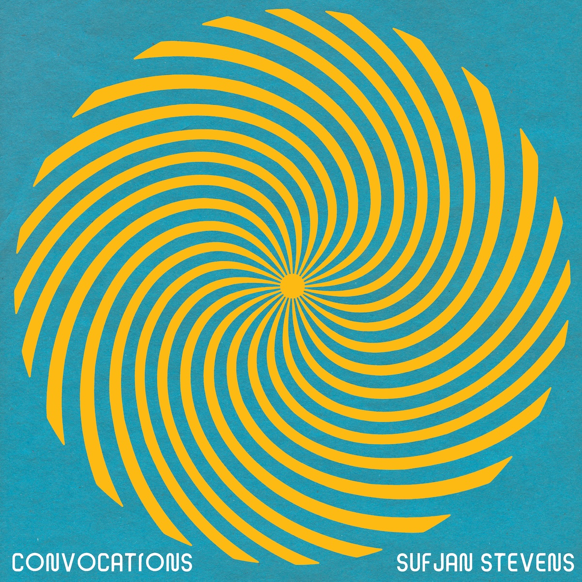 Album Art of Sufjan Stevens's Convocations album - On an aqua blue background with a bit of texture to it, a bright golden, spiral-shaped star of lines forms a circle in the middle. At the bottom, in the bottom left, it has the album's name in white, with the artist's name on the bottom right.