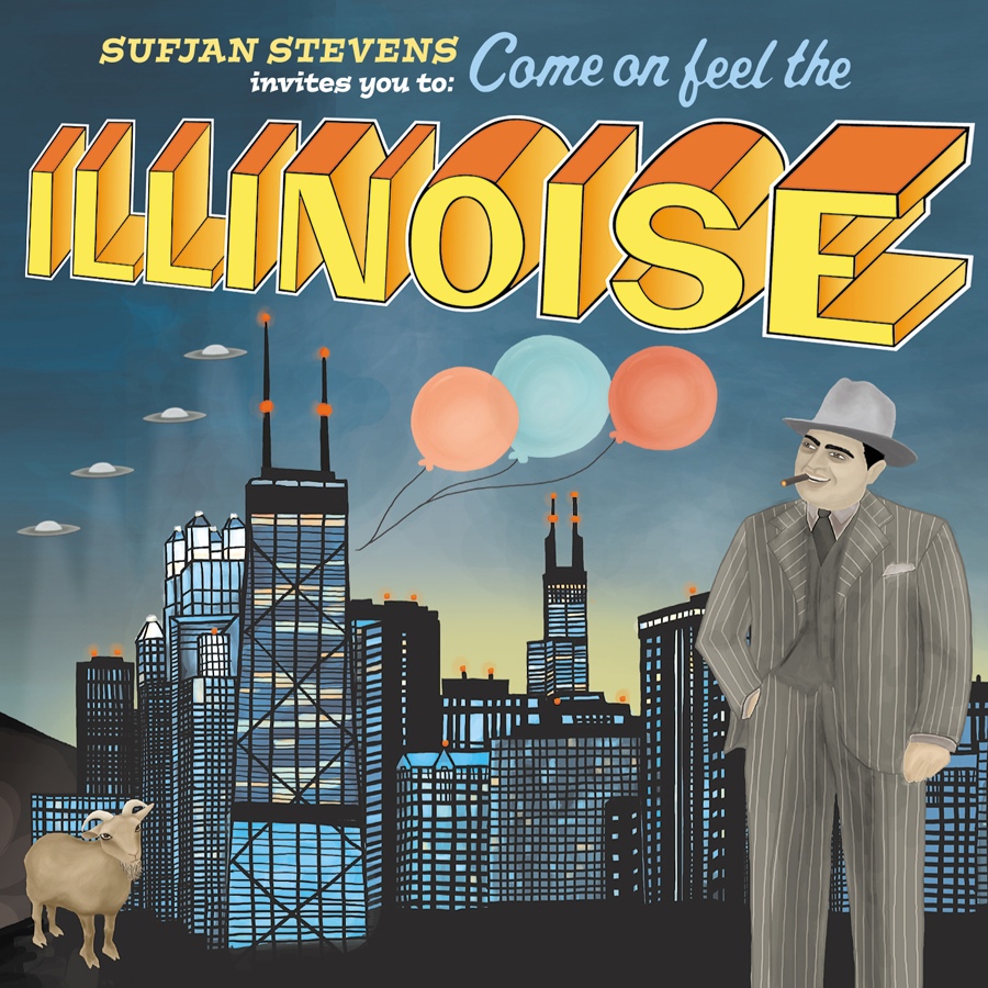  Come on feel the Illinoise', where the last work is much, much bigger and fills up the sky with its yellow text.