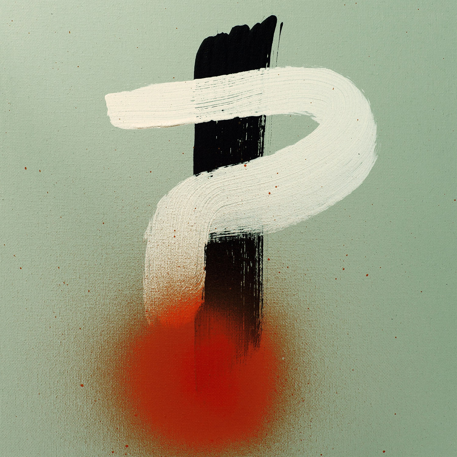 Album Art of Switchfoot's Interrobang album - On a light green background, a black exclamation point is painted with a large brush down the middle. Above that, a question mark is painted in white. Where the period of the question mark and exclamation point are supposed to be, there's red spray paint.