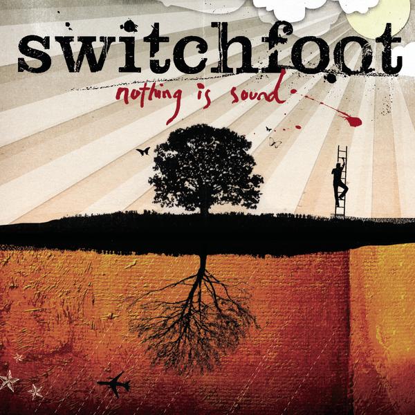 Album Art of Switchfoot's Nothing Is Sound album - At the top, on the right is a sun, a yellow circle, surrounded by clouds. Rays of light spread across the sky from the sun. In the middle is the outline of a tree in black, and the ground is also black and rises slightly up to the tree and separates the cover in half horizontally. Below the ground, a brownish page of paper seems to represent the soil and the outline of roots are emanating from below the tree in black. In black in the sky is the band's name, and below that in a hand-written blood red color is the album title.