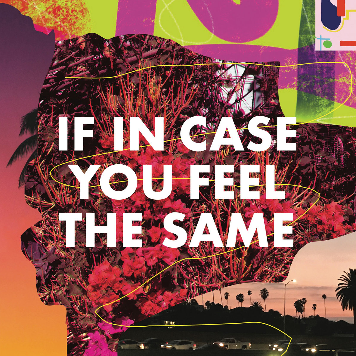 Album Art of Thad Cockrell's If In Case You Feel The Same album - A collage of various photos and art, all cut together in random shapes. In the middle, the majority of it seems to be a bush and some flowers that are mostly pink/red and may have some sort of double-exposure or mis-printed colors involved. In the top right and across the top, there's what looks like hand-made, simple graphics of line and color that could be made in Microsoft Paint or something. Along the left edge, an orange/purple sunset sky gradient with a silhouette of a palm tree in front of it. And at the bottom, a different picture of a far-off pink sunset with many palm trees in front of it, and some cars lined up an street in the foreground. Above all these, in big letters the album title is printed in white.