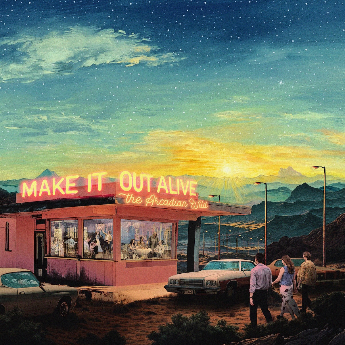 Album Art of The Arcadian Wild's Make It Out Alive album - What looks iike a drawing of a beautiful evening scene, as the sunset near the horizon and the partly-cloudy, blue sky with stars are the top half. Near the horizon are large hills, some with rocky, steep parts. In the foreground is a building that looks like a roadside diner, it's exterior bathed in the orange glow of the neon sign above that says 'Make It Out Alive' in all caps on top of the building, with 'The Arcadian Wild' in smaller letters on the front of the building below it. In the building, it looks maybe more like a large living room, with people dancing, some sitting at tables, and someone playing a piano. Outside, there's mostly dirt on the ground, a few old sedans parked out front, and three people are approaching the building. We can only see them from the back, but it looks like two men and a woman in nice clothes.