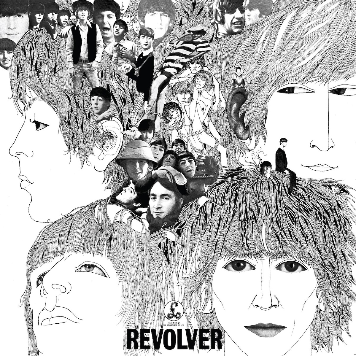 Album Art of The Beatles's Revolver album - A black and white collage of the four members of The Beatles. Parts of it are small photos of their faces, but most of it is black and white line art drawings of the four men's faces. The drawings and photos seem to interact with each other, like a small photo of someone sitting on something cut out and placed sitting on one of the drawings of a big head.</body></html>