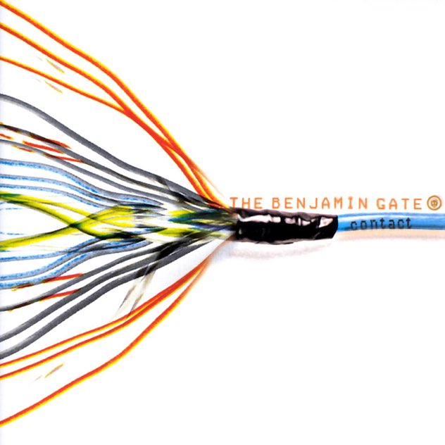 Album Art of The Benjamin Gate's Contact album - On the right, a thick blue cable is coming from the right of the frame to the middle. The cable says 'contact' on it, like it is printed on the cable. In the middle, the cable is wrapped in black tape. On the left, about 20 different smaller cables of blue, yellow, orange and black are splayed out from the tape. The band name and a circular gas mask logo are above the cable in orange on the white background.