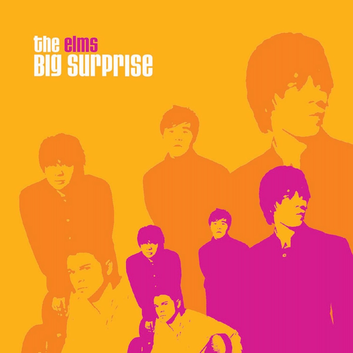 Album Art of The Elms's The Big Surprise album - On a light orange background, the outline of four young men is printed in a darker orange taking up most of the area, with the tallest person in the right and two people on the left, one sitting in front of the other. They all have hair of a few inches long, looking like the early Beatles or something. Repeated in the bottom is the same outline of the same four people, this time in a bright pink. In the top left, it says the band name, first word in white and the second in pink, in smaller text. Below it it says 'big surprise' in larger letters all in white, so that the 'the' applies to both the band name and album title.
