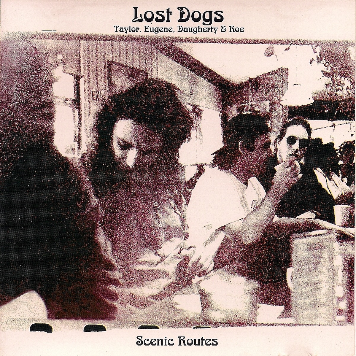 Album Art of The Lost Dogs's Scenic Routes album - On a white background, a grainy black-and-white photo of four men sitting at the counter at a diner or restaurant, it looks like maybe taken from a camera sitting on the counter. Most of the men are not looking at the camera and it seems like they are caught in the middle of life together, one about to drink from a mug and one looking down at his feet below the counter. The bottom edge of the film reel can be seen below the photo. In the top and bottom on the white color is the band name on top and the album title on the bottom slightly smaller, both centered and in black text. Below the band name on top in small print is the last names of the members, 'Taylor, Eugene, Daugherty & Roe'.