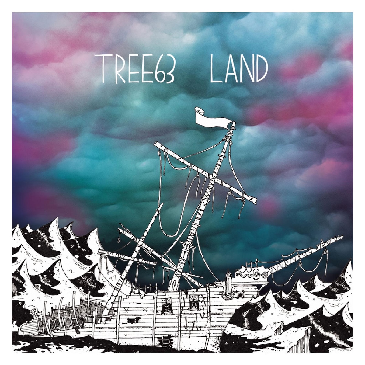 Album Art of Tree63's Land album - The background is what looks like a sky full of clouds, and various parts are colored blue-green, pink, and blue, so it looks a bit supernatural, but the clouds do have a 3-D, realistic shape to them. On the bottom is a black-and-white drawing of waves, with a shipwreck of an old seafaring vessel with its poles for the sails tilted a bit and the masts/sails missing. The back half of the ship is completely missing and the interior of the ship can be seen there. Above the mast, printed in a thin white font is the band name and the album title. Around the edge there is a large white border.