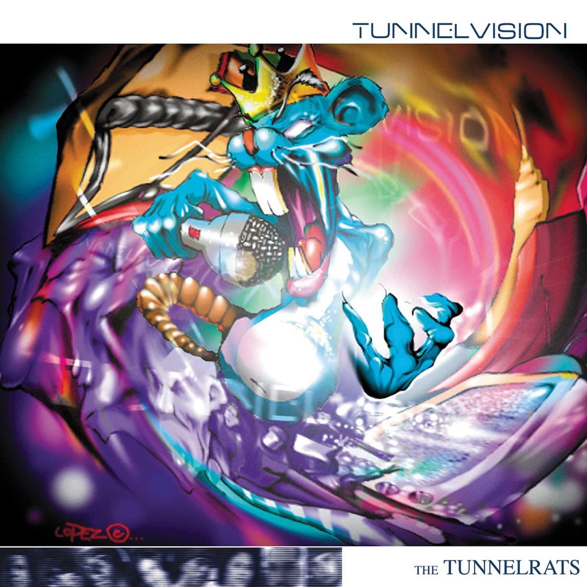 Album Art of Tunnel Rats's Tunnel Vision album - The main picture is a cartoon-style drawing of a blue rat wearing a gold crown holding a microphone and rapping. The background is a swirling tunnel that is a source of light behind the rat. At the top, there's a strip of white color and the album title is in black in a futuristic font. The band's name is printed in black in the bottom right, and to the left of it is small, black-and-white photos of the crew's members, with a filter that looks like analog TV scan lines.