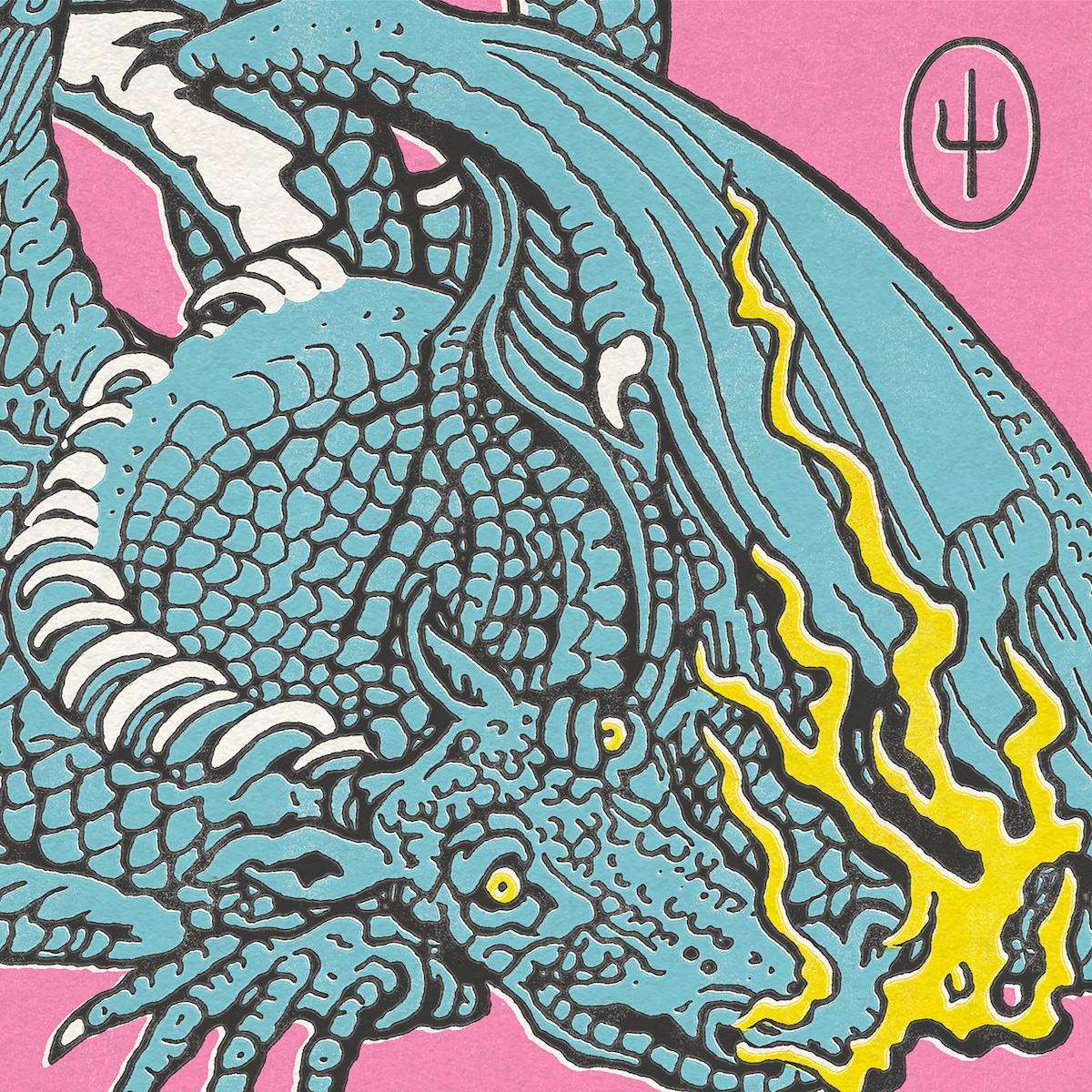 Album Art of Twenty One Pilots's Scaled And Icy album - On a bright pink background, a drawing of a light blue dragon is the focus, with the dragon filling most of the frame. The dragon has yellow eyes and yellow smoke coming from his mouth and nostrils. In the top right, there's a vertically tall oval with a three-tonged fork icon on it in black.