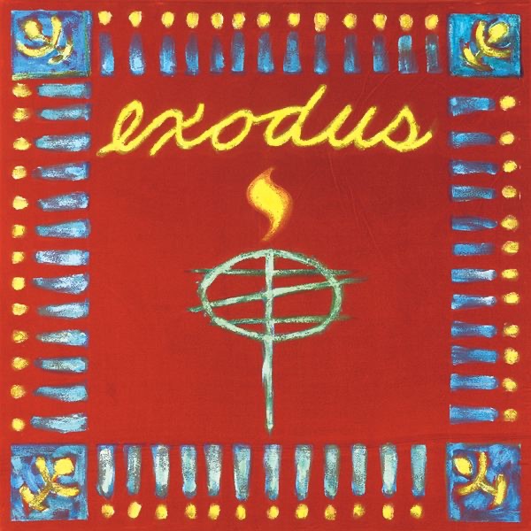 Album Art of the Exodus album by various artists - On a red background, the word 'exodus' is painted in bright yellow towards the top, with a yellow flame coming from the top of a green pole with a circle on the top of it. Around the edges are a large border with blue squares in each corner, each with a yellow line drawing representing a person with raised hands inside them. And around the border is gold circles with blue lines coming from them towards the middle, repeated about a dozen times on each side.