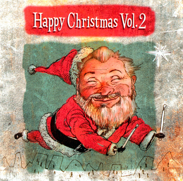 Album Art of Various Artists's Happy Christmas Vol. 2 album - On a shimmery white background, a light green background is behind a drawing of a white Santa holding a candle in each hand and flying over a small outline of a cityscape barely drawn in pen at the bottom. Above Santa, it has the album title in white print on a red background.