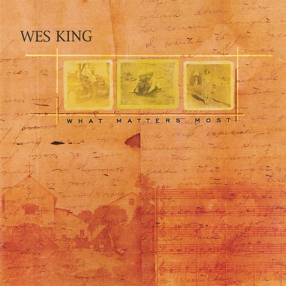 Album Art of Wes King's What Matters Most album - The main background is a golden orange color, kinda the color of old paper. There's handwriting on them, and in the bottom right there's also some musical notation. In the bottom left there's also a faint image of a home. Towards the top, on the left it has the artist's name in somewhat large black text, and then a hand-drawn golden yellow rectangle and three old photos reproduced with a golden hue inside the rectangle. The left has a man standing in front of an old car, the middle is two young kids, and the third a young woman in front of a house on suburban street. Below the photos it says in smaller black text the album title.
